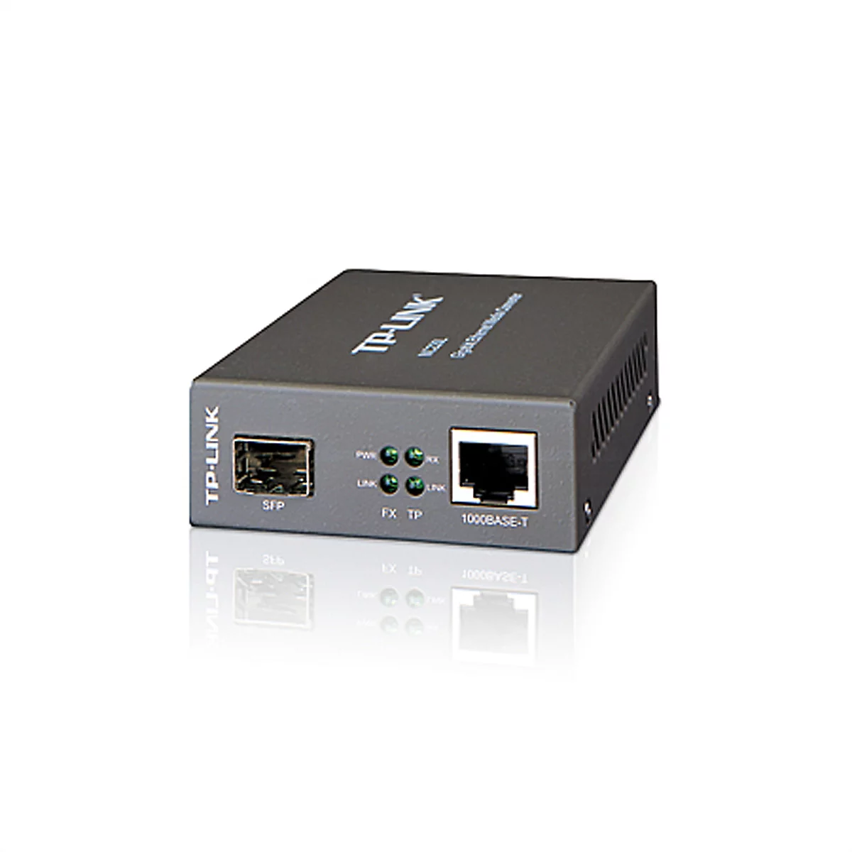 Ein grauer TP-Link Netzwerk-Konverter, SFP und 1000BASE-T Anschlüsse sind sichtbar.