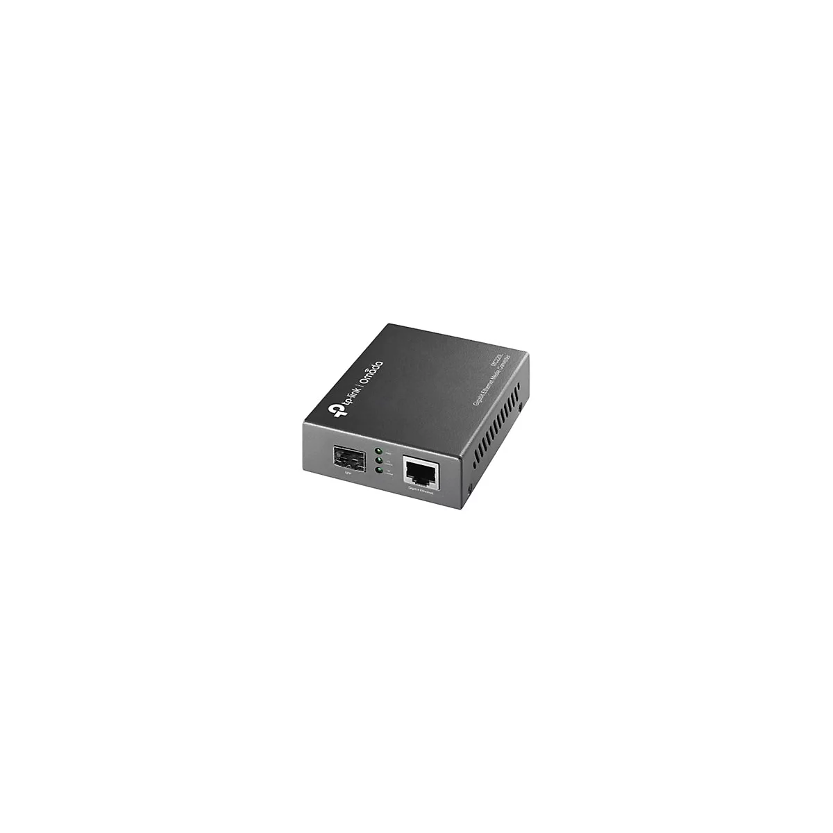 Grauer Gigabit Ethernet Media Konverter mit Anschlüssen für Datenkabel. Der Konverter hat das tp-link und Omada Logo.