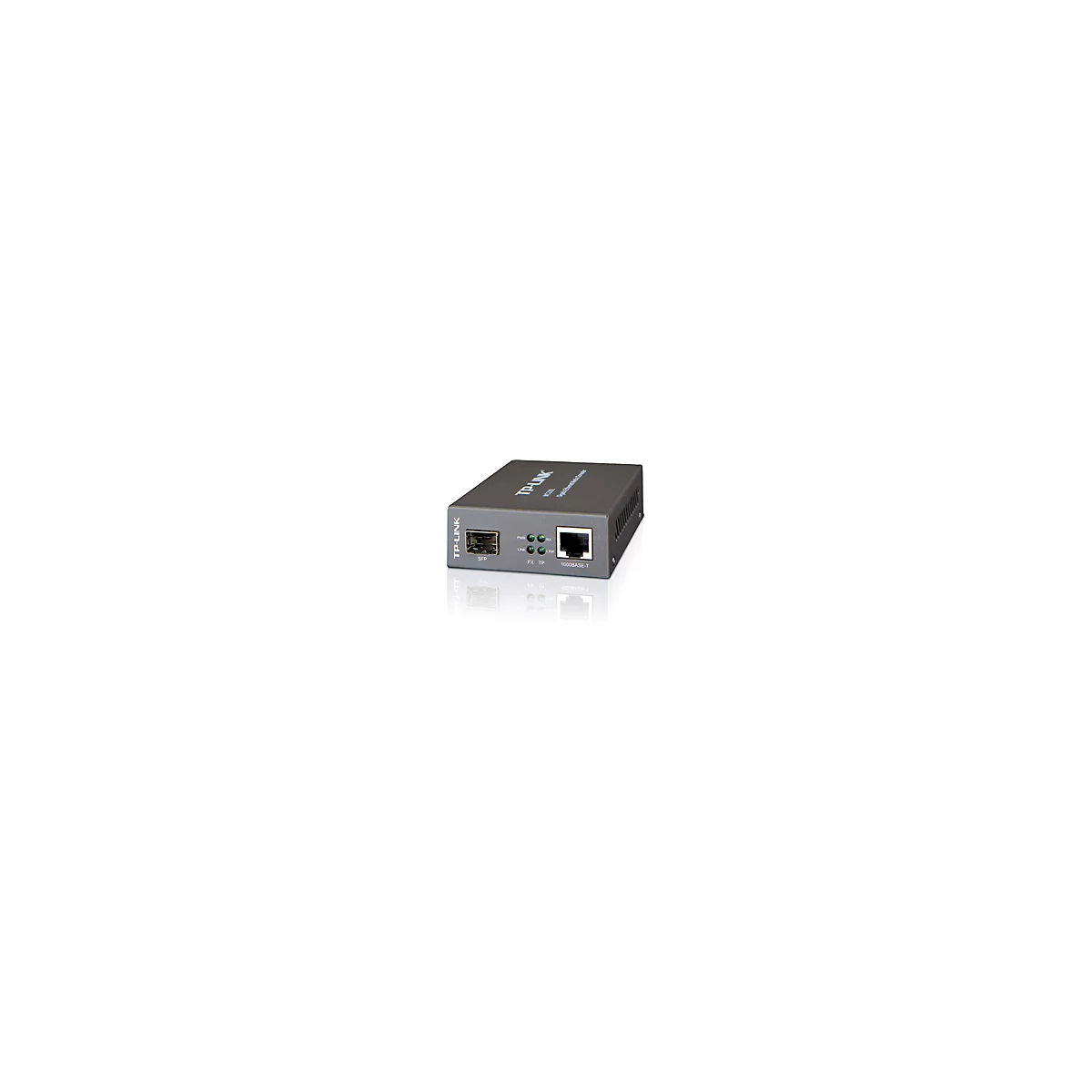 Grauer TP-Link Netzwerkadapter mit Anschlüssen für SFP und Ethernet, daneben LEDs.