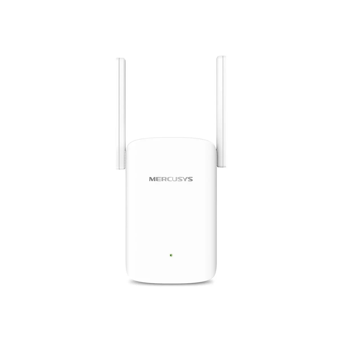 Weißer Mercusys WLAN-Repeater mit zwei Antennen und einer kleinen grünen Status-LED auf weißem Hintergrund.