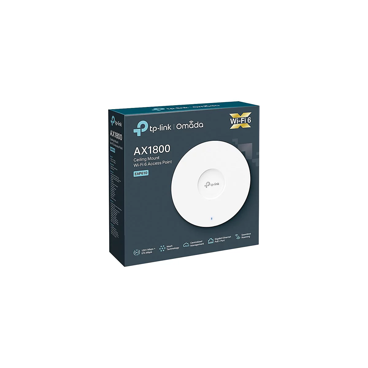 Produktverpackung eines weißen TP-Link Omada AX1800 Wi-Fi 6 Access Points.