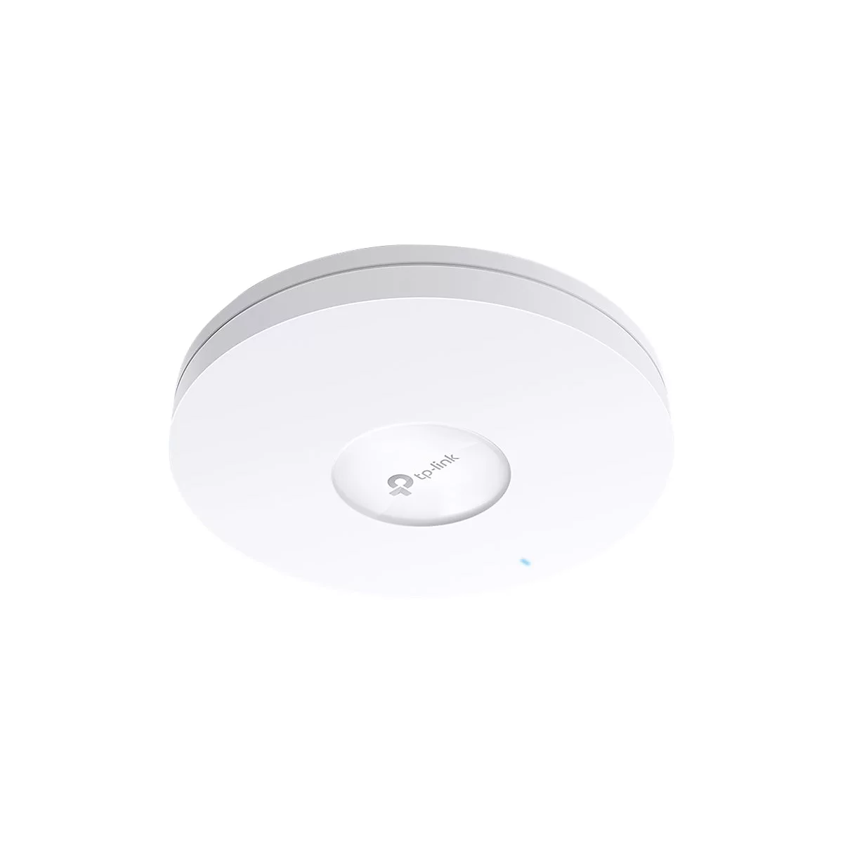 Runder, weißer Access Point von TP-Link. Unten blaues Licht, Mitte Logo. Das Gerät ist leicht erhöht.