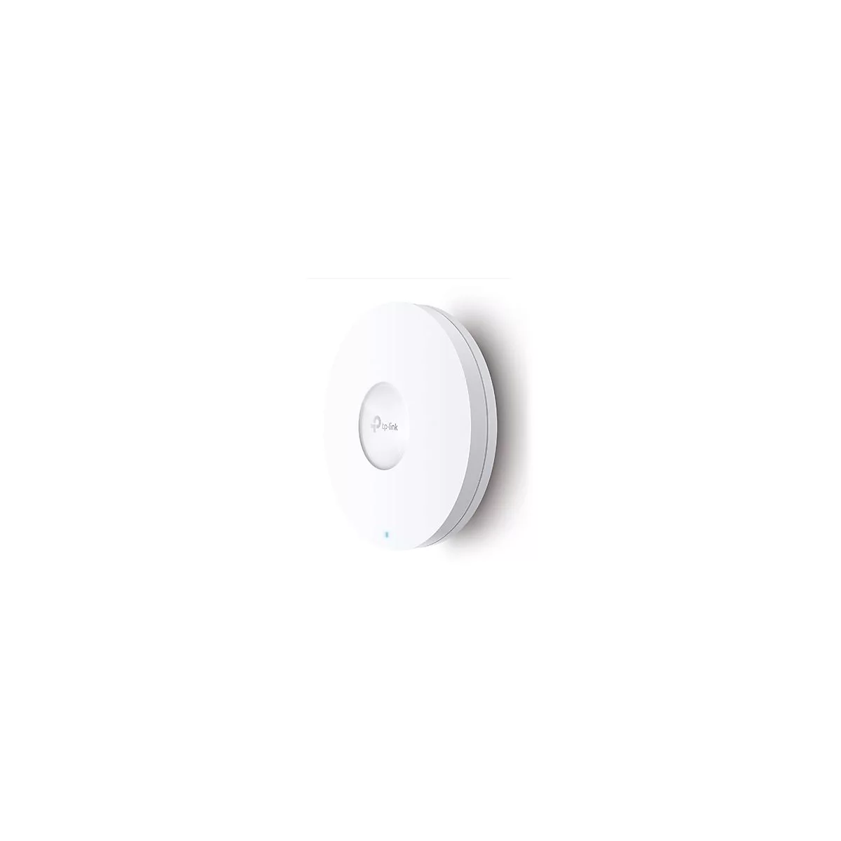 Runder, weißer WLAN-Router an einer Wand, mit Logo 'tp-link'.