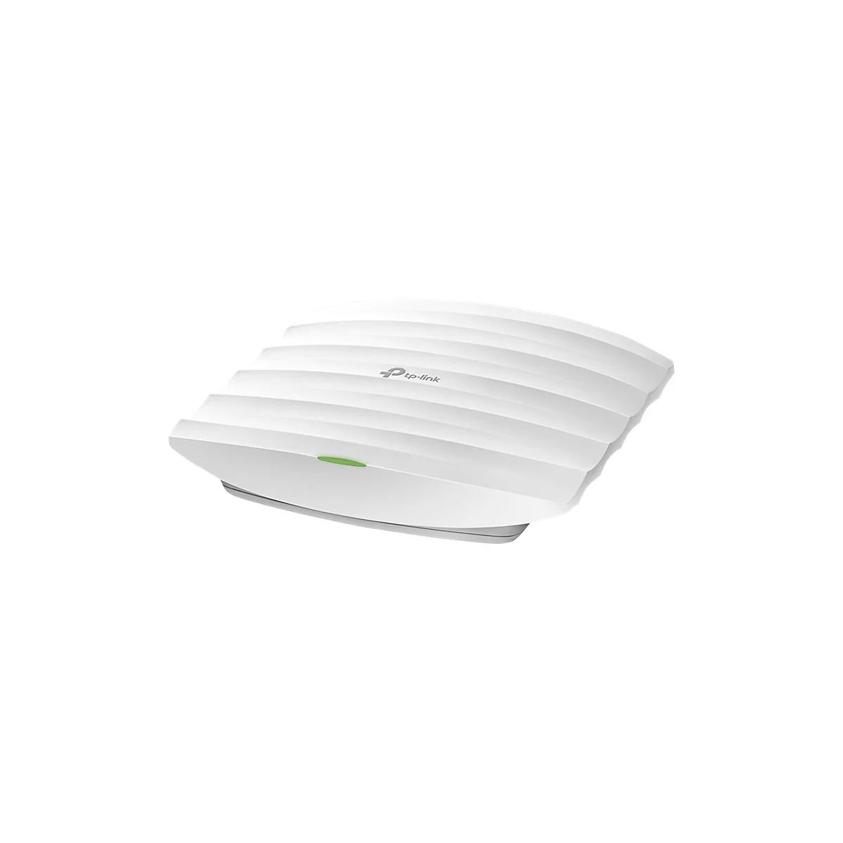 Weißes, rechteckiges Gerät mit abgerundeten Ecken und gerillter Oberfläche, TP-Link Logo. Grüne Leuchte.