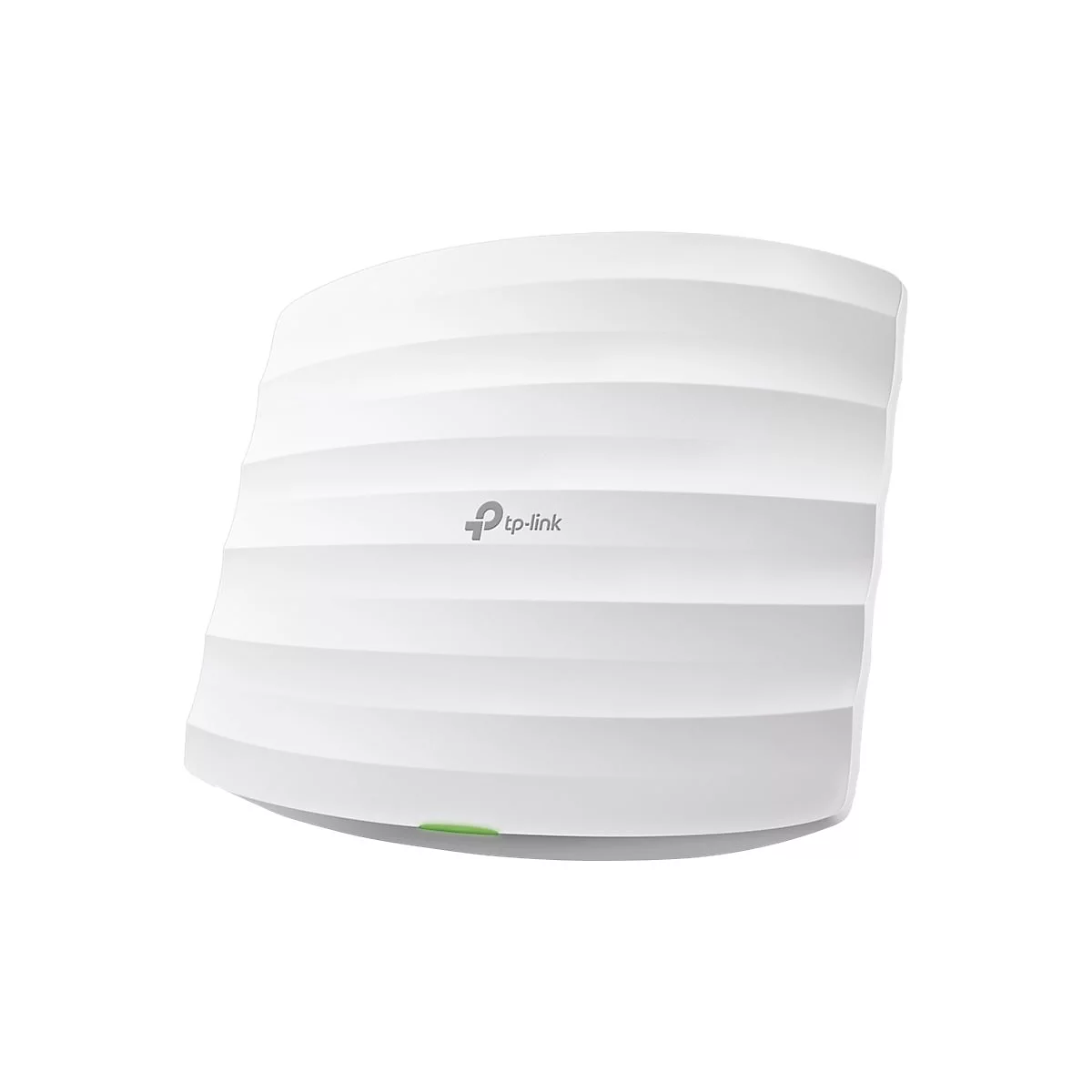 Weißes, rundes TP-Link Gerät mit gerillter Oberfläche, grünem Leuchtpunkt und Logo.