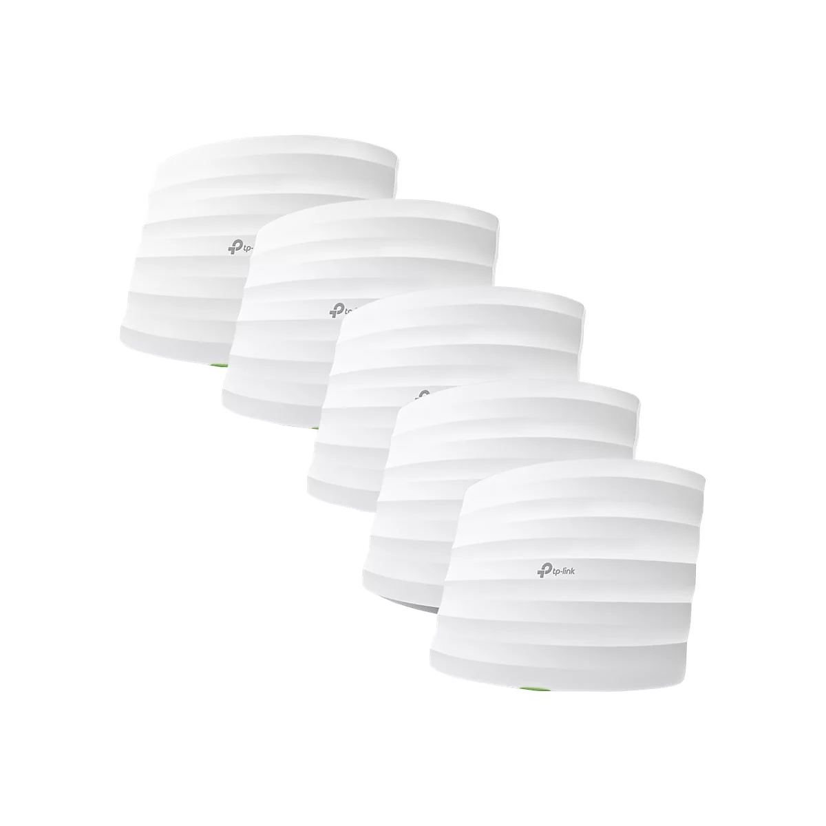 Fünf weiße WLAN-Access-Points, leicht versetzt angeordnet. Auf jedem Gerät ist das tp-link Logo zu sehen.