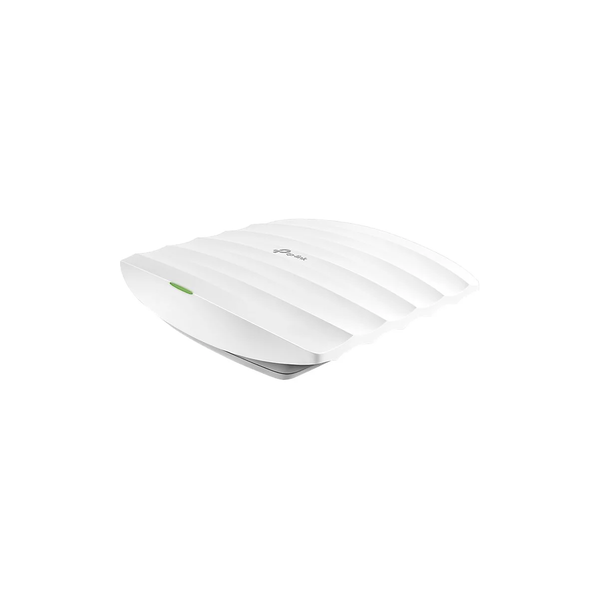 Weißes WLAN-Gerät von TP-Link. Oberseite geriffelt mit grüner LED. TP-Link Logo. Leichte Schatten.