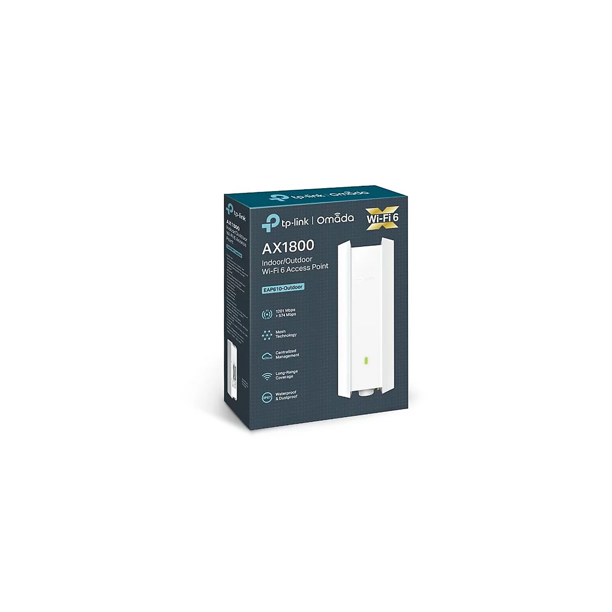 Produktverpackung für den TP-Link Omada EAP610-Outdoor WLAN-Access Point auf weißem Hintergrund.