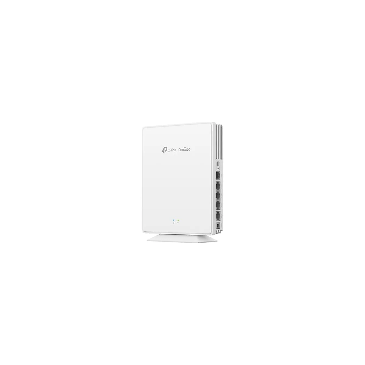 Weißes TP-Link Omada Netzwerkgerät. Mit Anschlüssen und LED-Anzeigen, stehend auf einem Sockel.