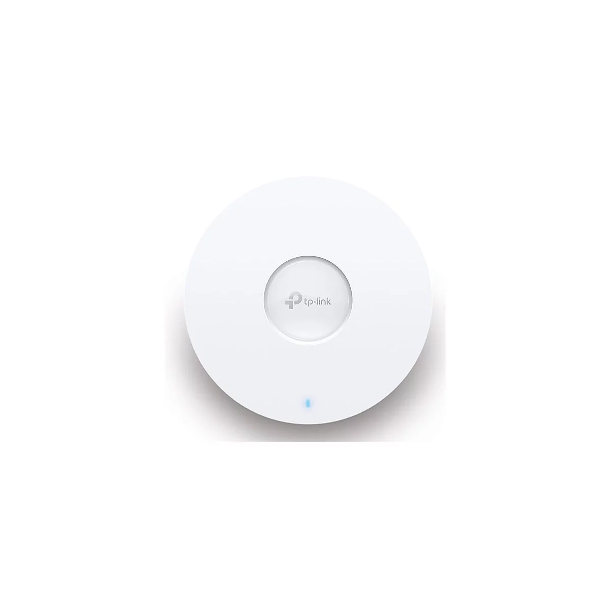 Ein weißer, runder Access Point. Zentral das TP-Link-Logo, darunter eine blaue LED.