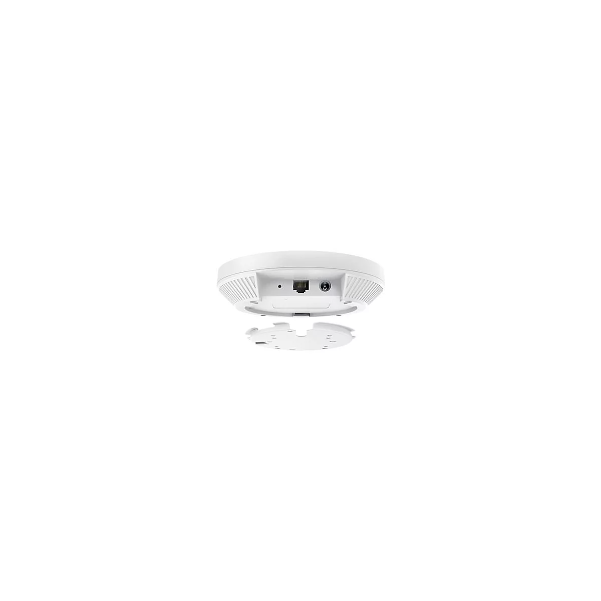 Draufsicht auf ein weißes WLAN-Gerät, das mit abgenommenem Befestigungselement auf weißem Hintergrund zu sehen ist. Es hat einen LAN-Anschluss.