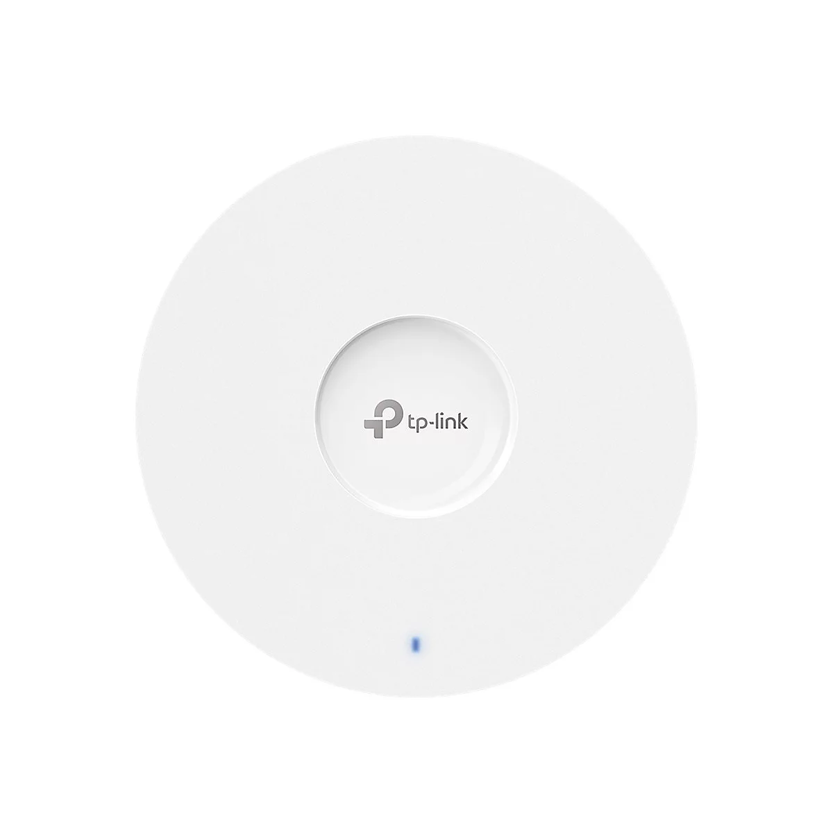 Rundes, weißes TP-Link Gerät. Zentrales Logo und ein kleines blaues Licht.