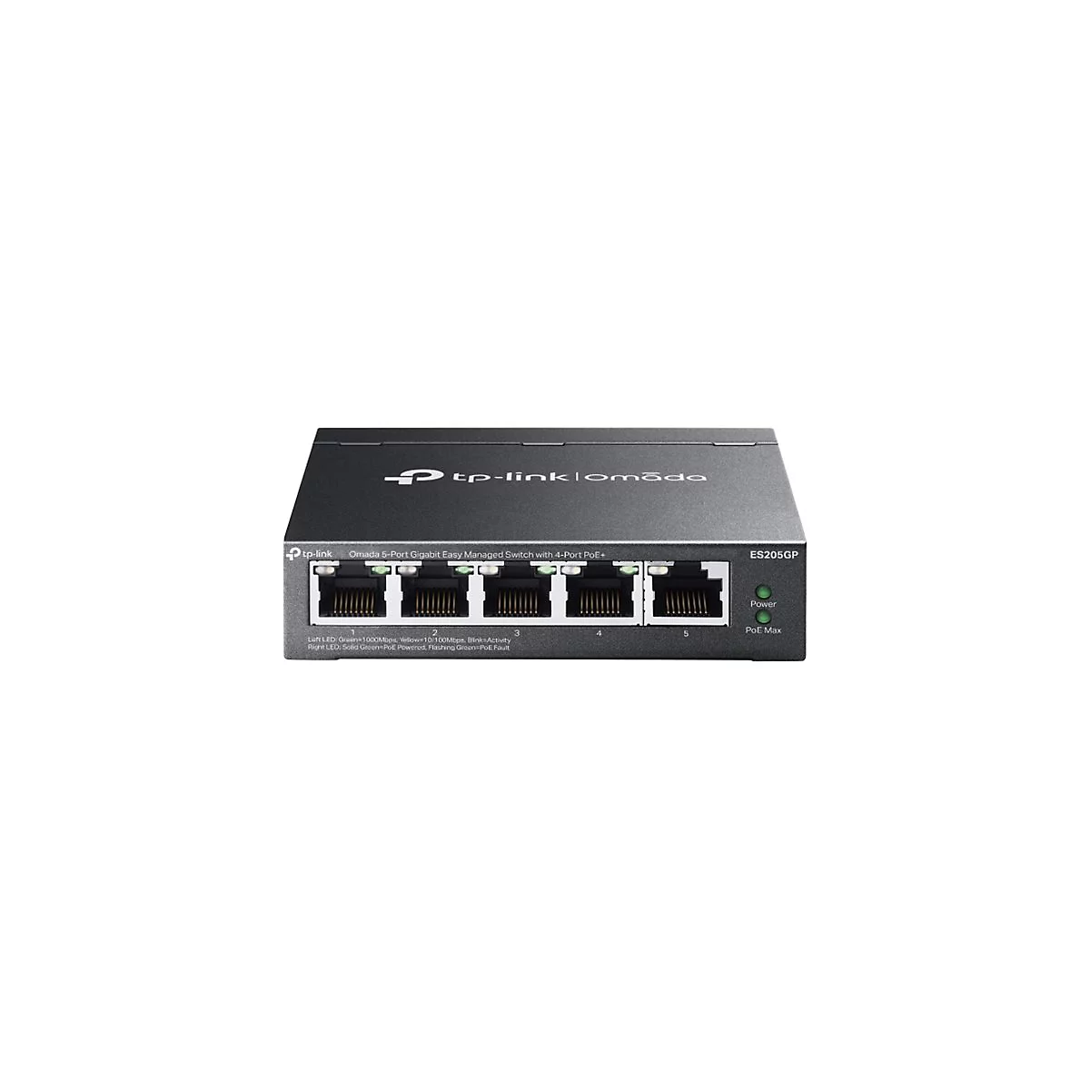Schwarzer Netzwerk-Switch von TP-Link, mit 5 Ports und LEDs. Beschriftung: Omada, ES205GP, Power und PoE Max.