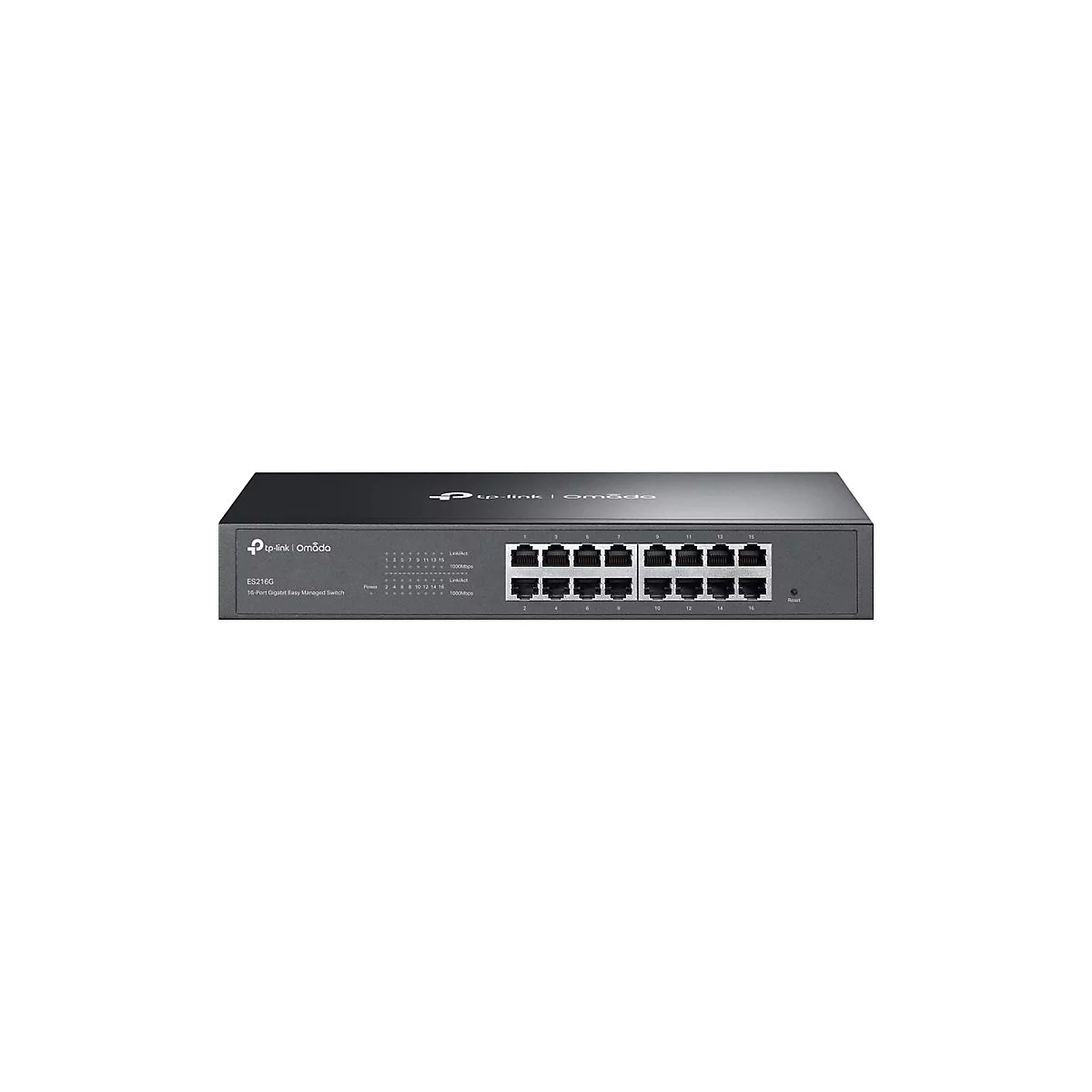 Commutateur réseau noir à 16 ports de TP-Link Omada. Étiquetée: ES216G, Commutateur géré facile Gigabit à 16 ports.