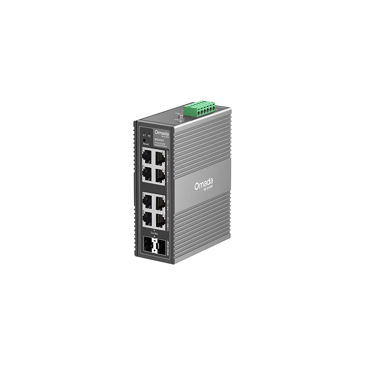 Grauer industrieller Switch mit mehreren Anschlüssen, grünen Klemmen und dem Omada-Logo. Text: IES208G, 8-Port Gigabit Industrial Switch.