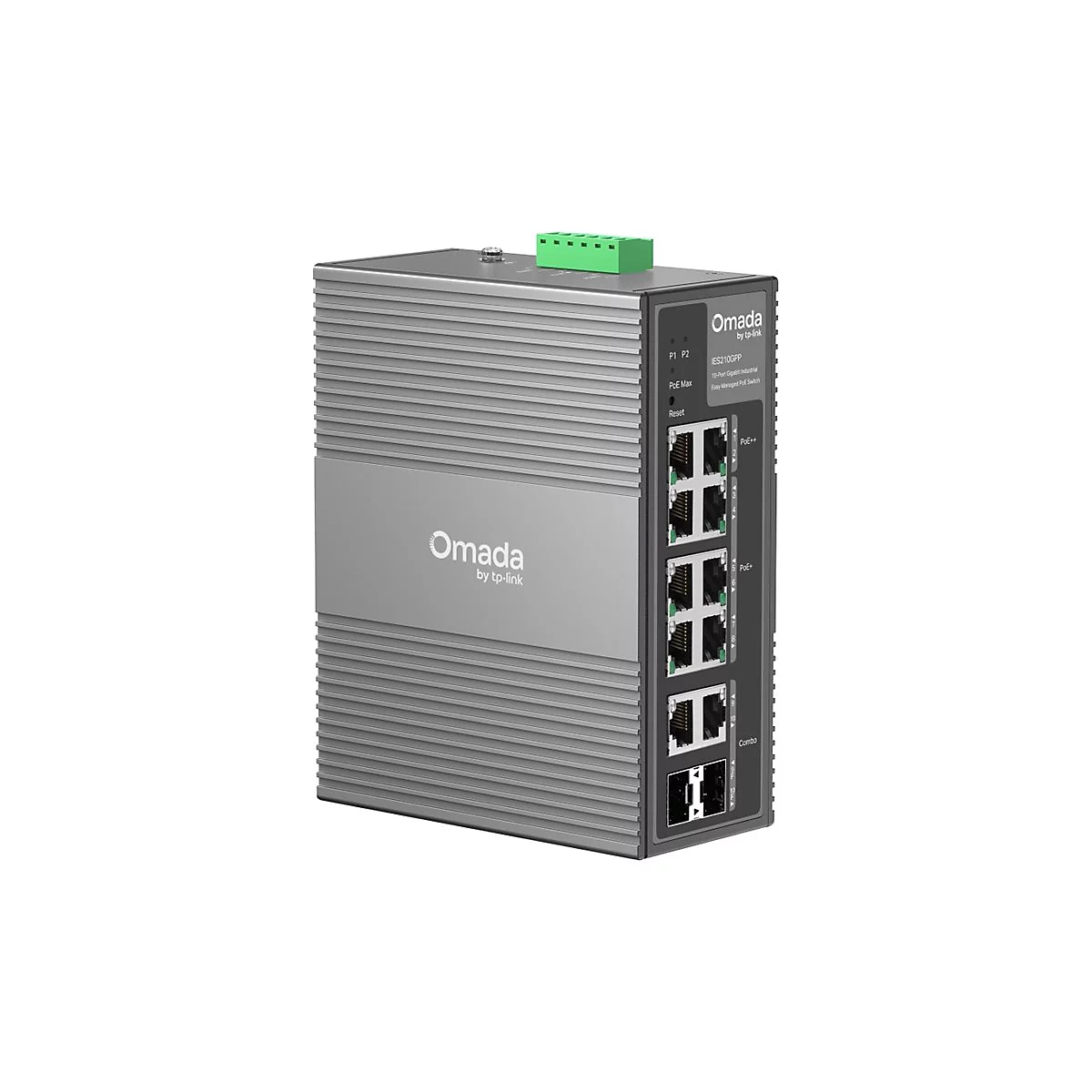 Graues Omada-Netzwerk-Switch, vorne mit Anschlüssen, oben mit grünem Anschlussblock.