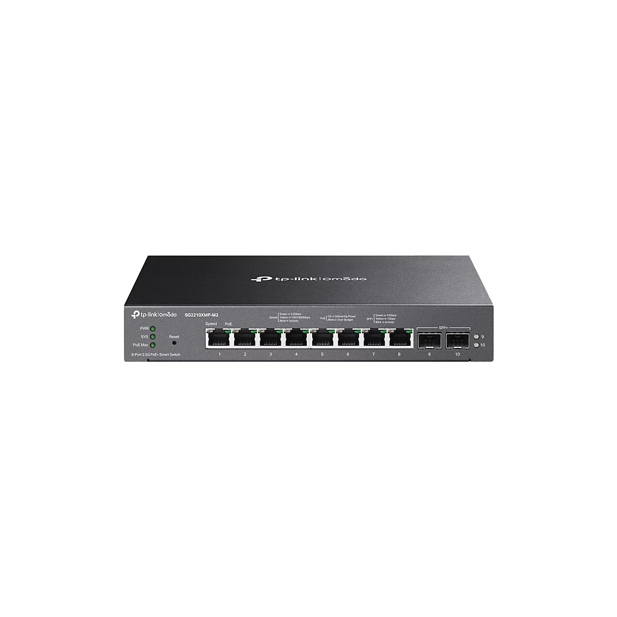 Ein grauer Netzwerkswitch mit Ports und LED-Anzeigen, auf weiÃŸem Hintergrund. Der Switch ist ein Produkt von TP-Link Omada.