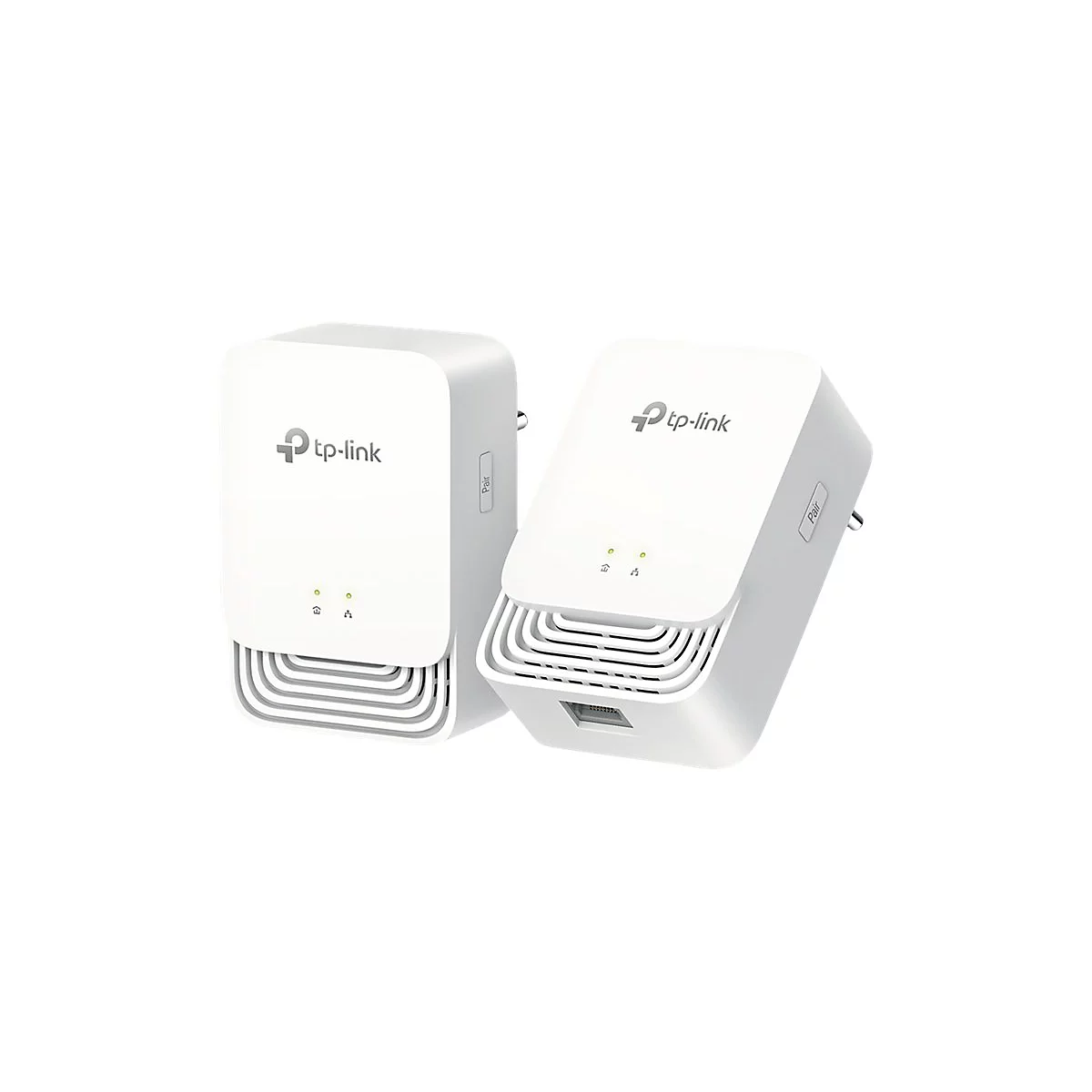 Zwei weiÃŸe TP-Link Powerline Adapter nebeneinander. Auf beiden GerÃ¤ten ist das Logo von TP-Link zu sehen. Die GerÃ¤te haben Leuchten und ein Ethernet-Anschluss.