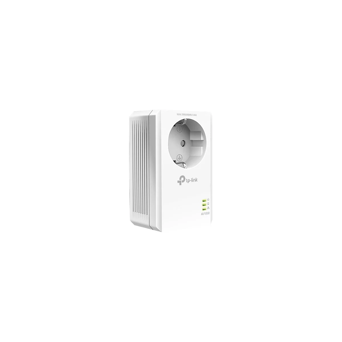 Weißer TP-Link-Adapter mit Eurostecker. Oben steht "MAX. 3680W/MAX 16A". Unten steht "AV1000" und drei grüne Lichter.