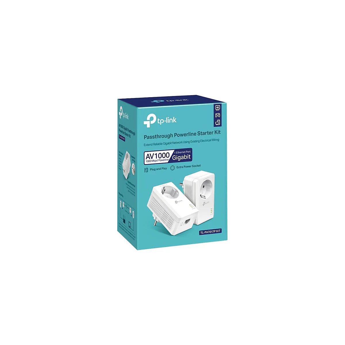 Hellblauer Karton mit zwei weißen Netzwerkadaptern. Aufschrift: 'tp-link Passthrough Powerline Starter Kit'.