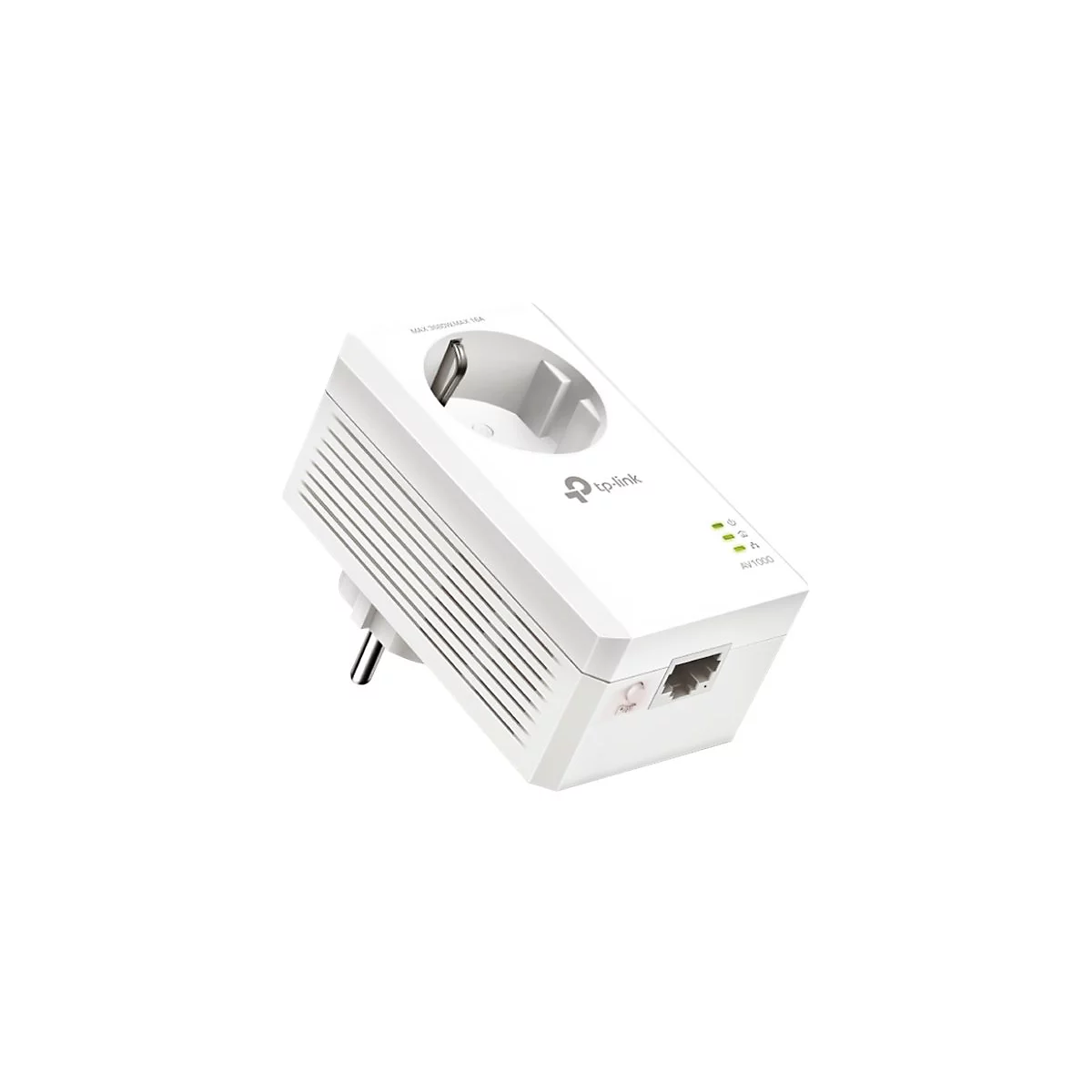 Weißer TP-Link Powerline-Adapter. Oben Steckdose, unten Stecker, daneben Anzeigen, LAN-Anschluss.