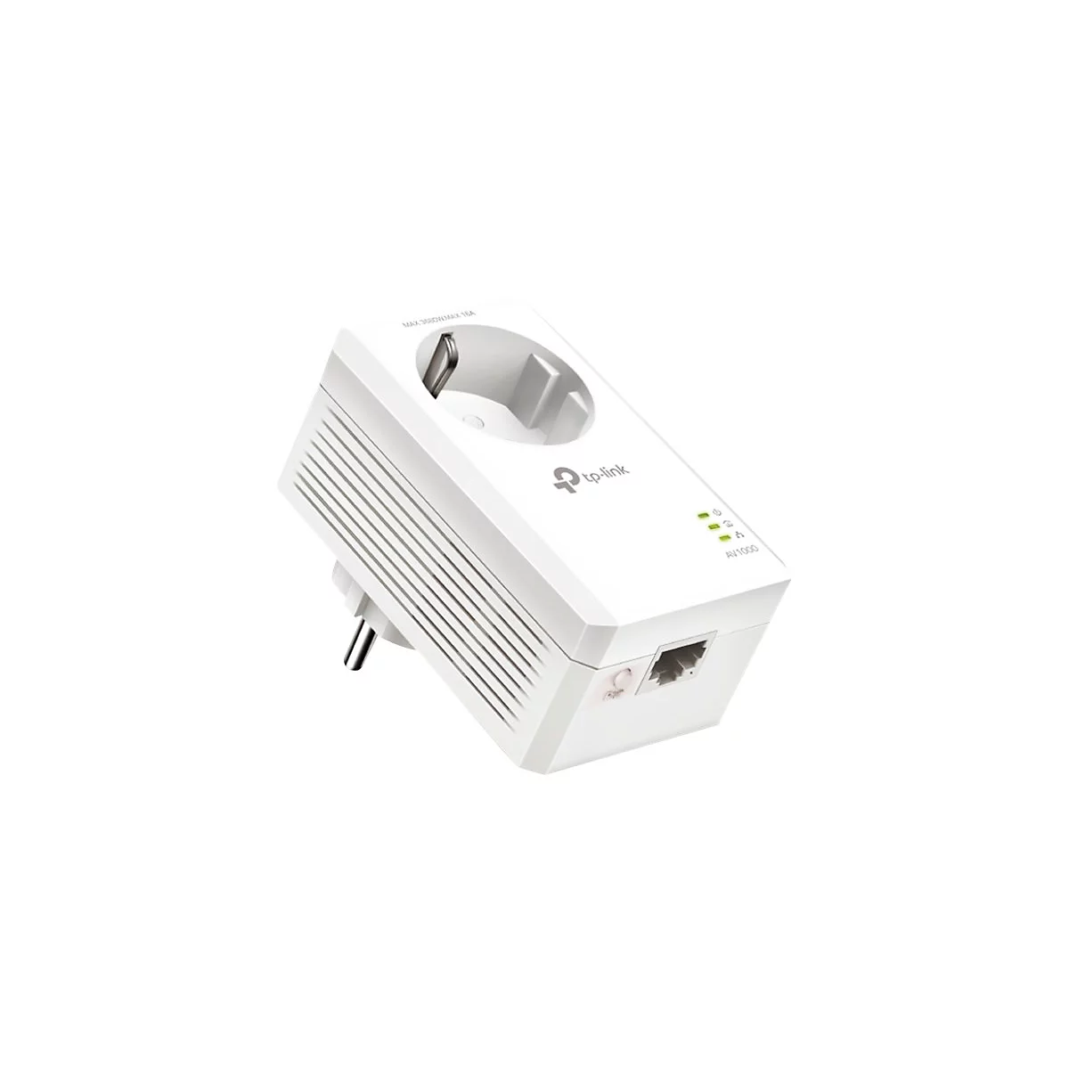 Weißer TP-Link Powerline-Adapter mit Steckdose, Netzwerkanschluss und Kontrollleuchten.