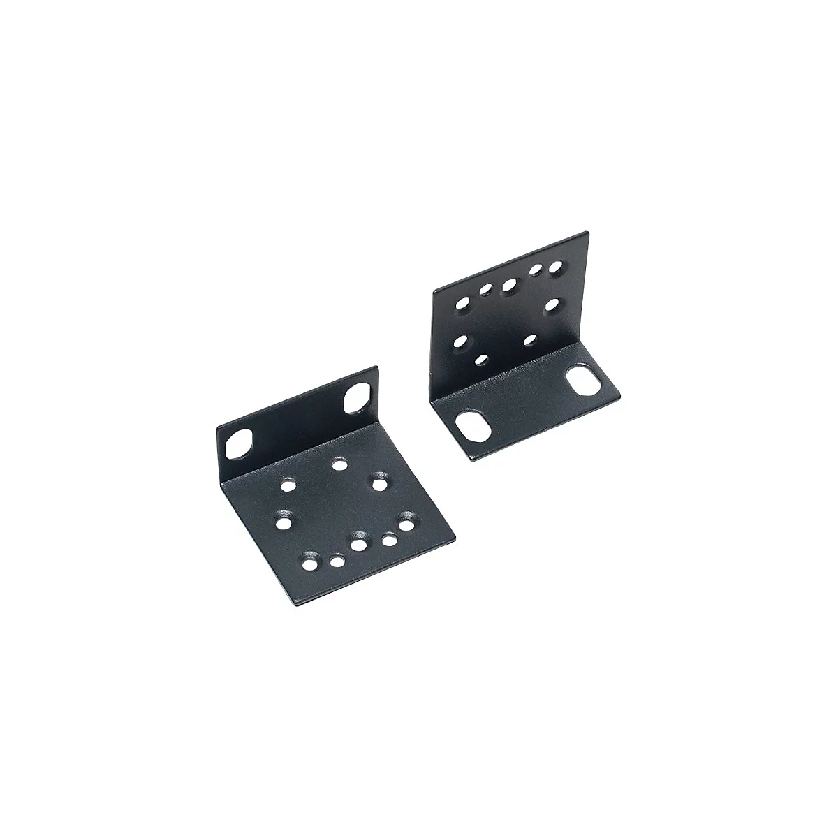 Zwei schwarze Winkelhalter aus Metall mit mehreren Löchern.