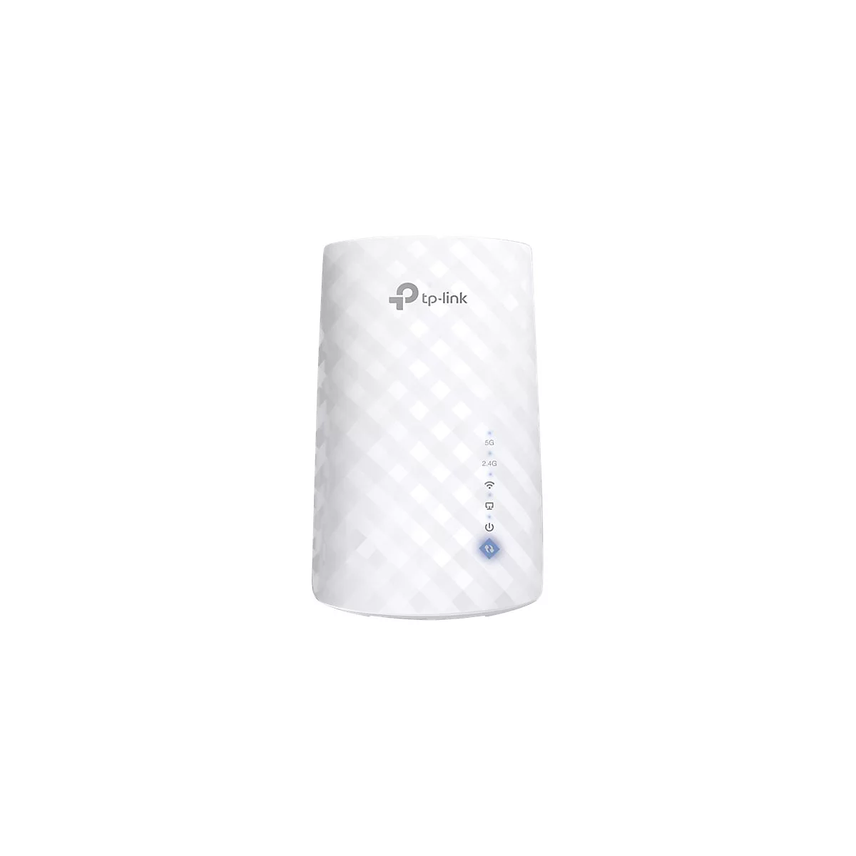 Weißer TP-Link WLAN-Repeater mit Logo und Indikatorleuchten. Auf weißem Hintergrund. Die Oberfläche hat ein gepunktetes Muster.