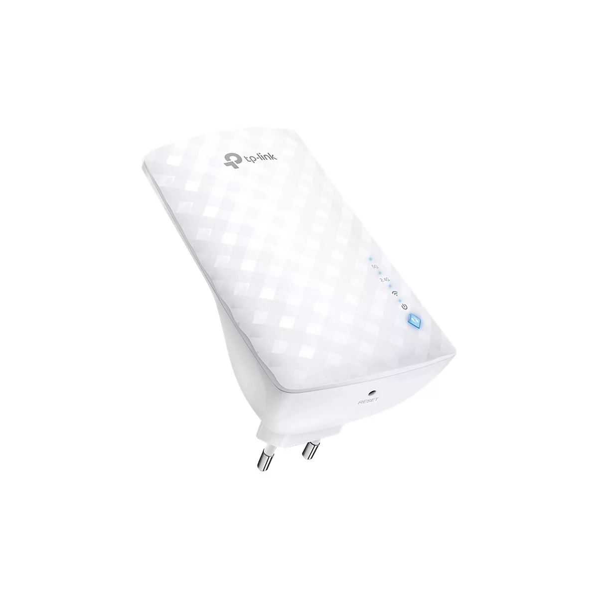 Ein weißer TP-Link-WLAN-Repeater. Auf der Oberseite befinden sich LED-Anzeigen für 5G, 2.4G und eine blaue Betriebsanzeige.
