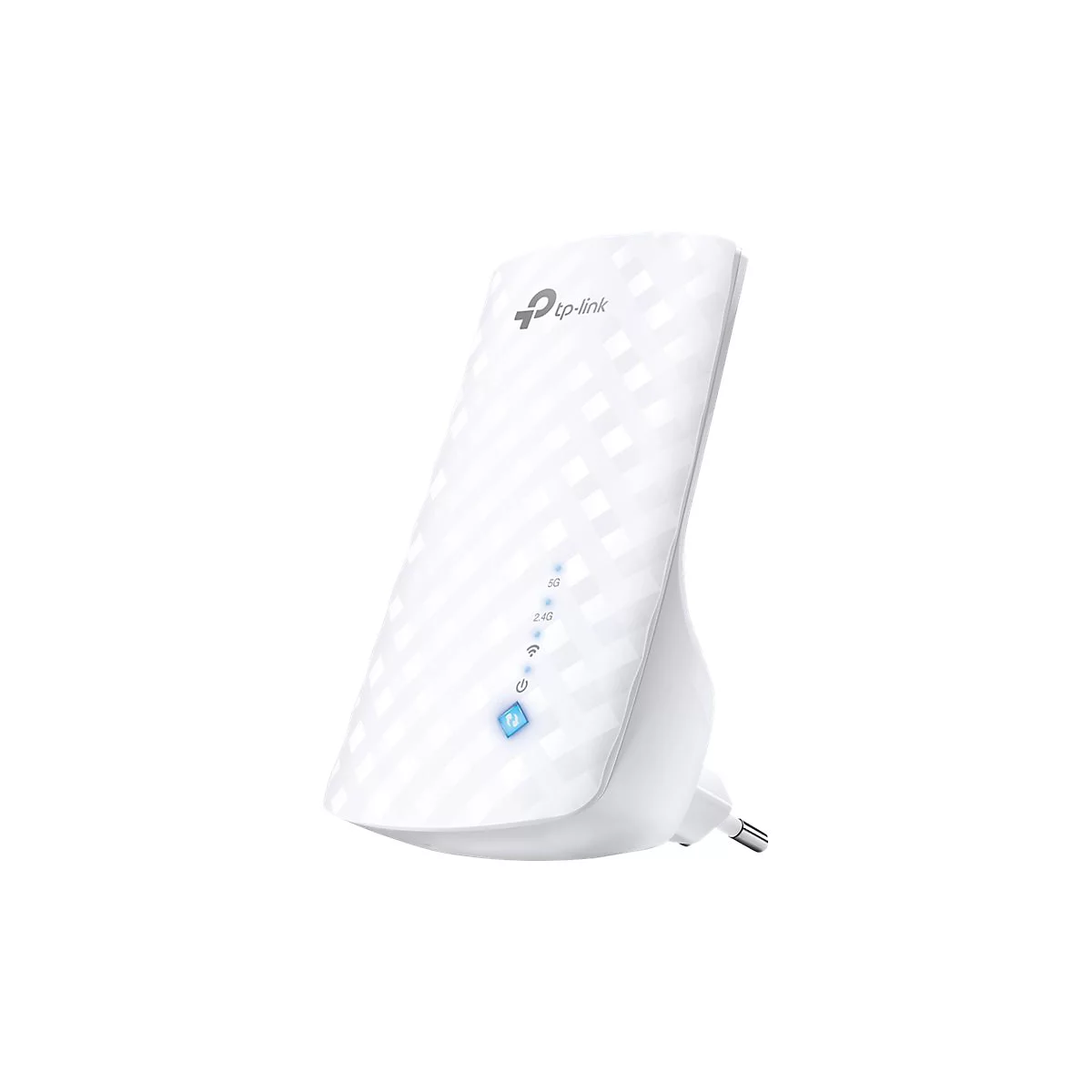 Ein weißer WLAN-Repeater von TP-Link mit LED-Anzeigen, die auf weißem Hintergrund leuchten.