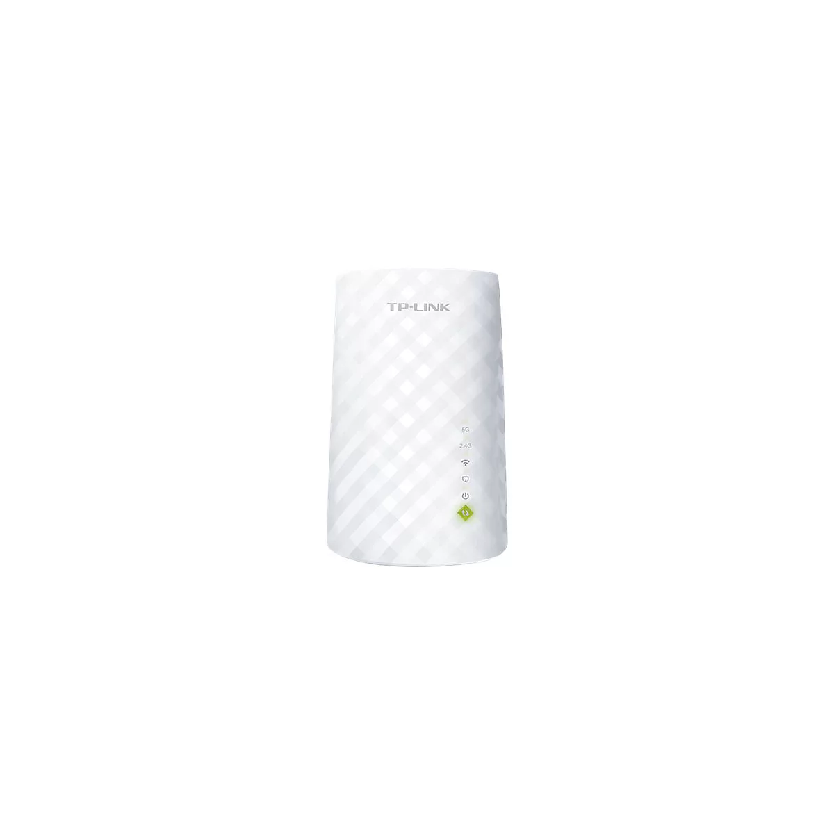 Répéteur Wi-Fi TP-Link blanc avec 5G, 2.4G, symbole Wi-Fi, symbole d'alimentation et indicateur LED vert. Le boîtier présente un motif géométrique.