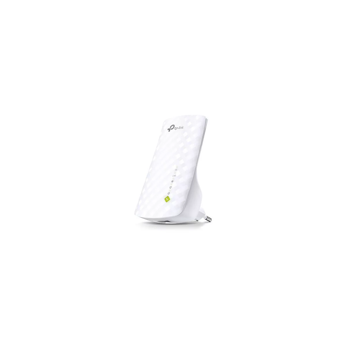 Répéteur WiFi TP-Link blanc avec indicateurs LED, vue en angle sur fond blanc.