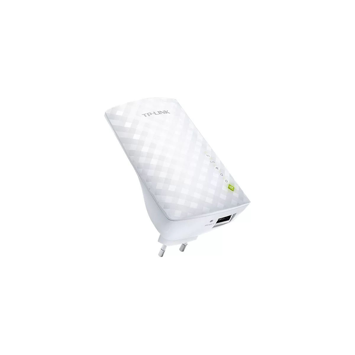 Weißer TP-Link WLAN-Repeater mit rechteckigem Design und kariertem Muster. Er hat Kontrollleuchten und einen Stecker.