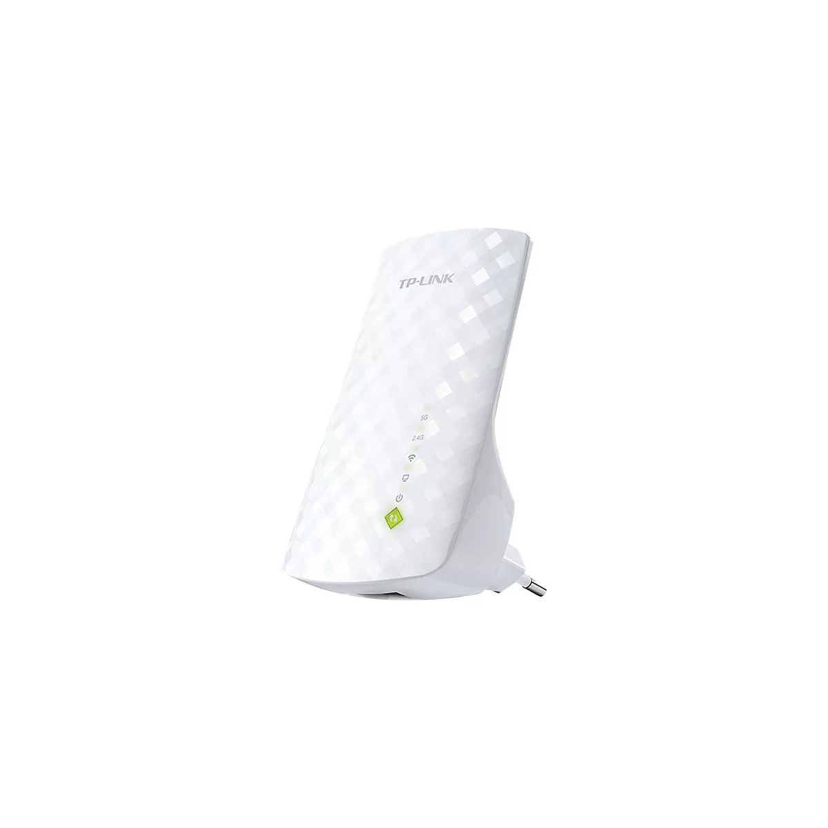 Weißer TP-Link WLAN-Repeater mit Stecker, leicht schräg dargestellt. Oben steht der Markenname, darunter grüne LEDs.