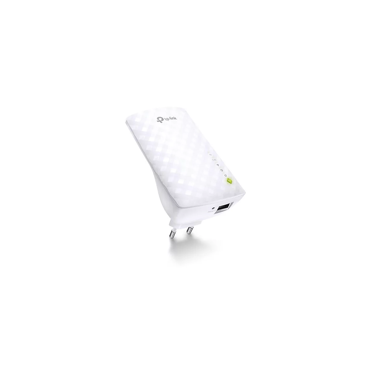 Ein weißer WLAN-Repeater von TP-Link. Er hat eine quadratische Textur und eine grüne Status-LED.