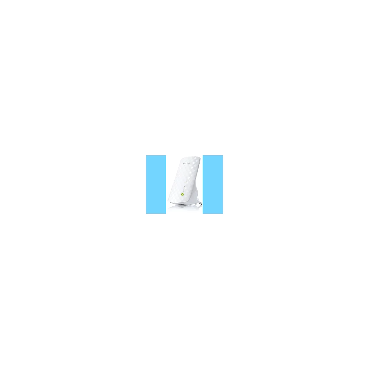 Weißer TP-Link WLAN-Repeater mit Stecker, diagonales Muster. Grüne LED-Anzeige.