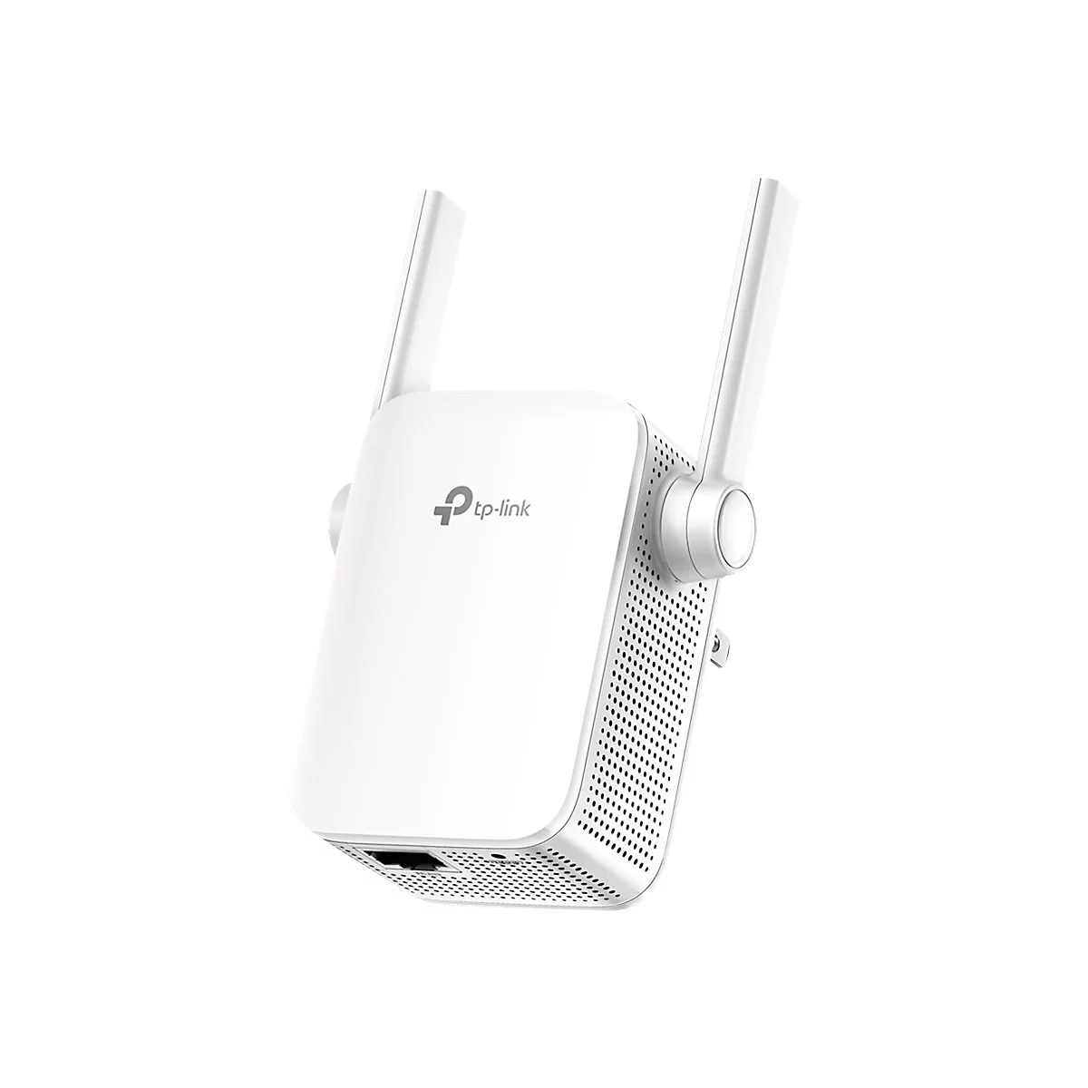 Ein weißer TP-Link WLAN-Repeater mit zwei Antennen. Das Gehäuse ist rechteckig mit perforierten Seiten. Das Logo TP-Link ist sichtbar.