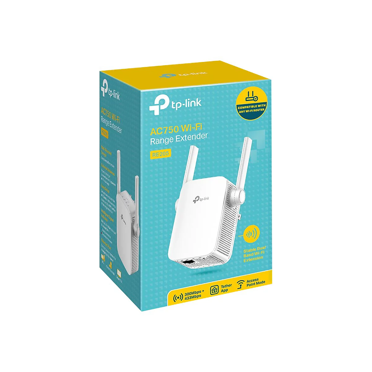 Produktverpackung eines TP-Link AC750 Wi-Fi Range Extender, weißes Gerät mit zwei externen Antennen.