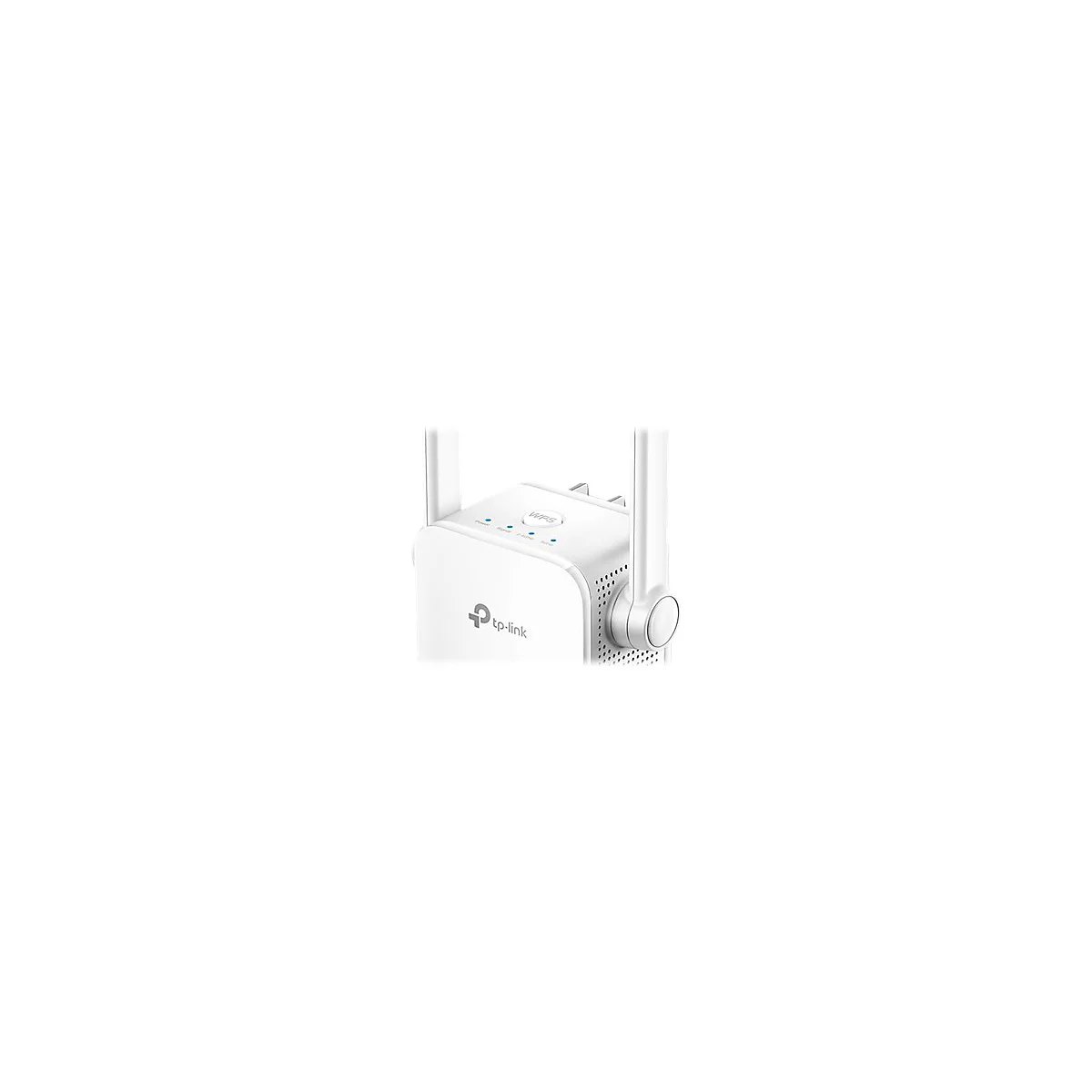 Nahaufnahme eines weißen WLAN-Repeaters mit Antennen. Oben: WPS-Taste und blaue LEDs. Unten: TP-Link-Logo.