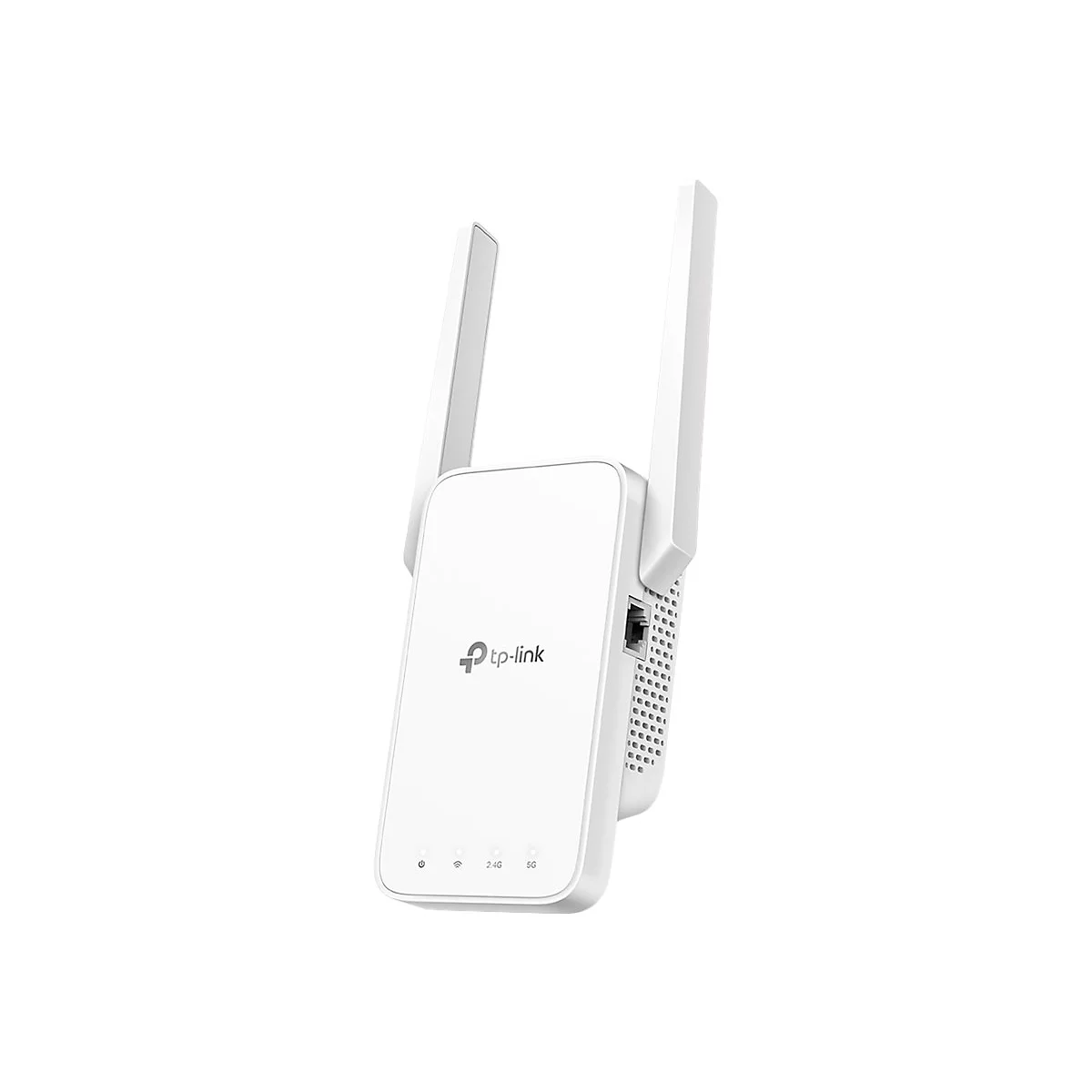 Weißer TP-Link WLAN-Repeater mit zwei Antennen und vier Status-LEDs auf weißem Grund.