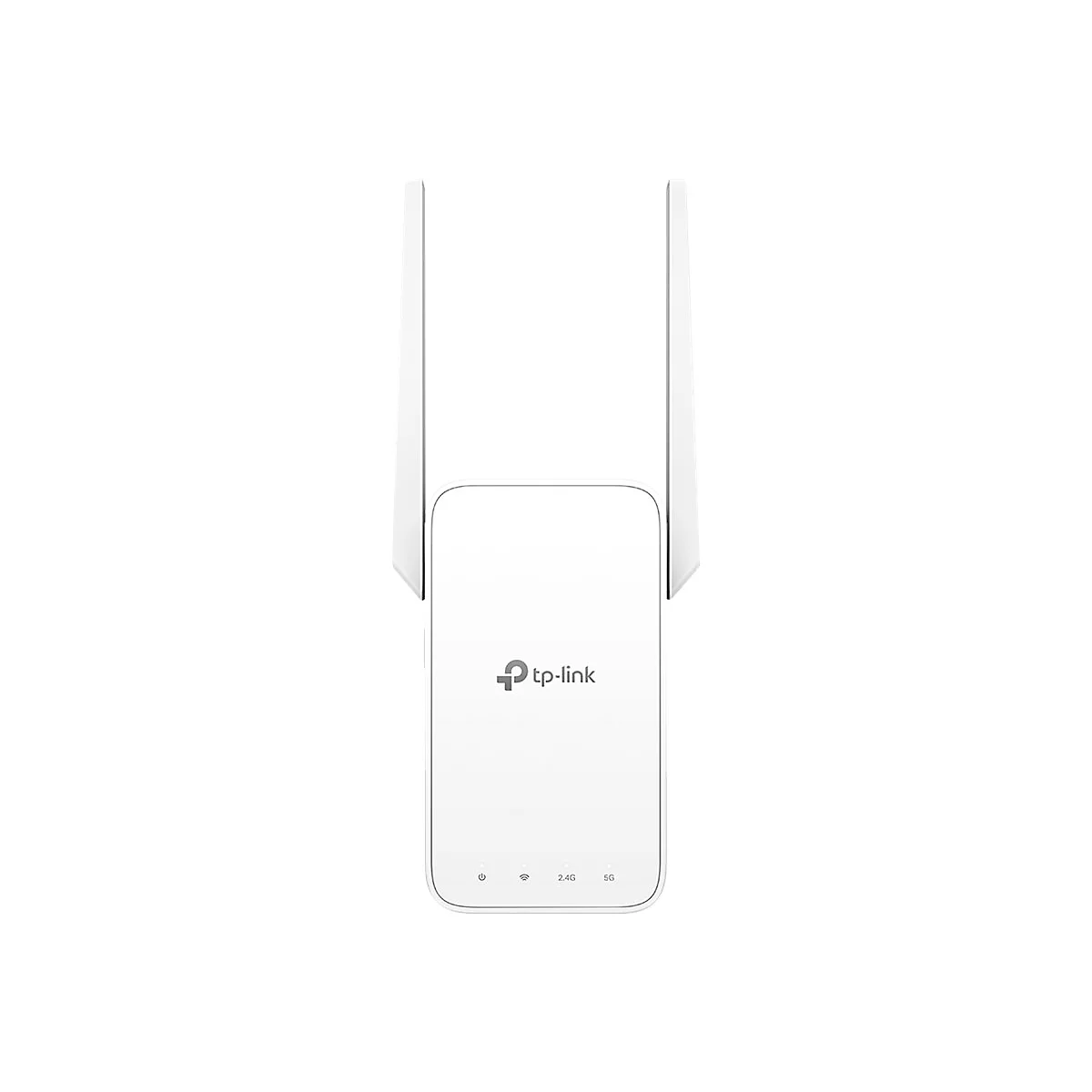Weißer TP-Link WLAN-Repeater mit zwei senkrechten Antennen vor weißem Hintergrund.