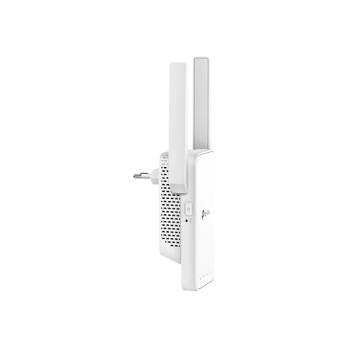 Weißer TP-Link WLAN-Repeater mit zwei Antennen vor weißem Hintergrund.