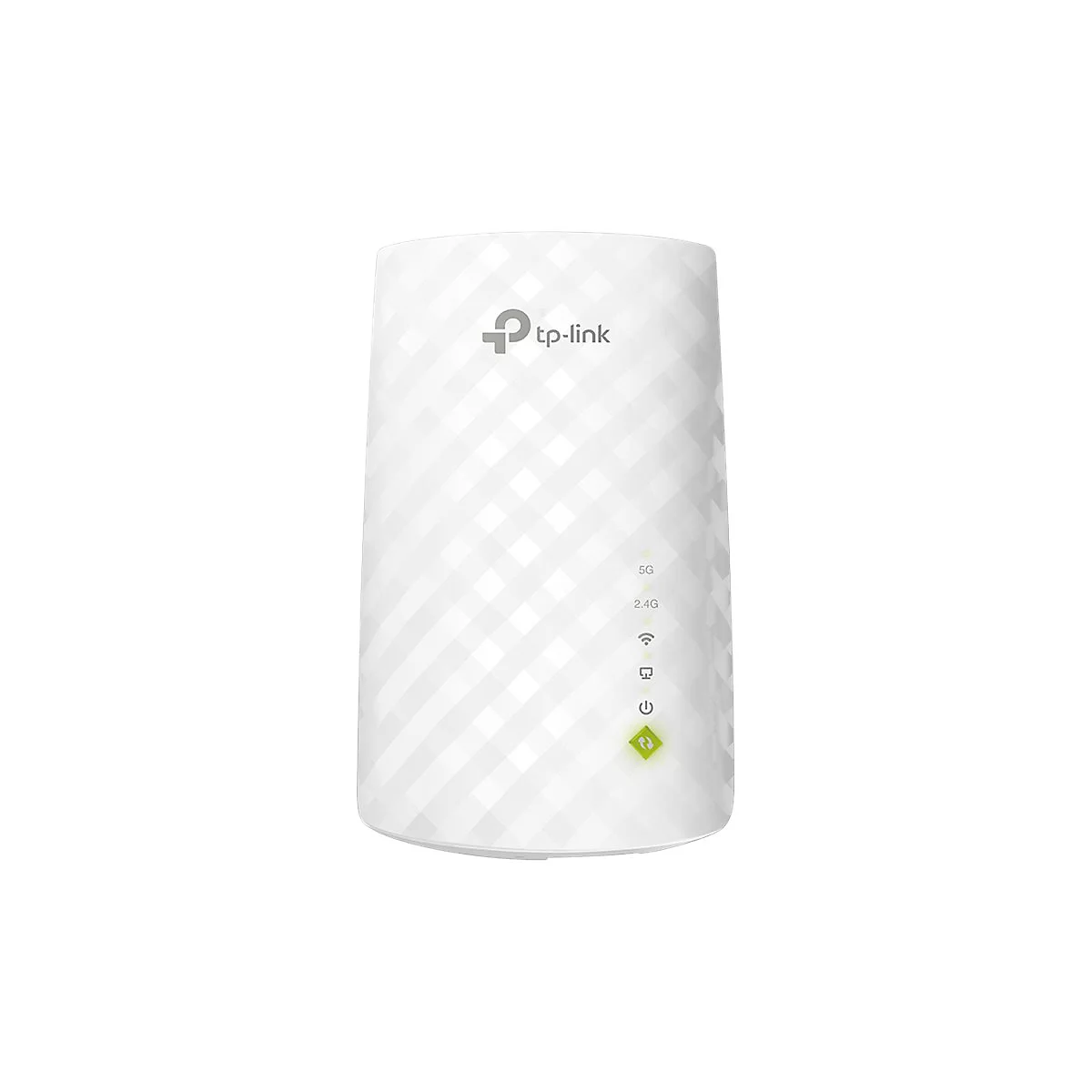 Weißer TP-Link WLAN-Repeater mit Logo und Indikatoren. Das Gehäuse ist mit einem sich wiederholenden geometrischen Muster versehen.