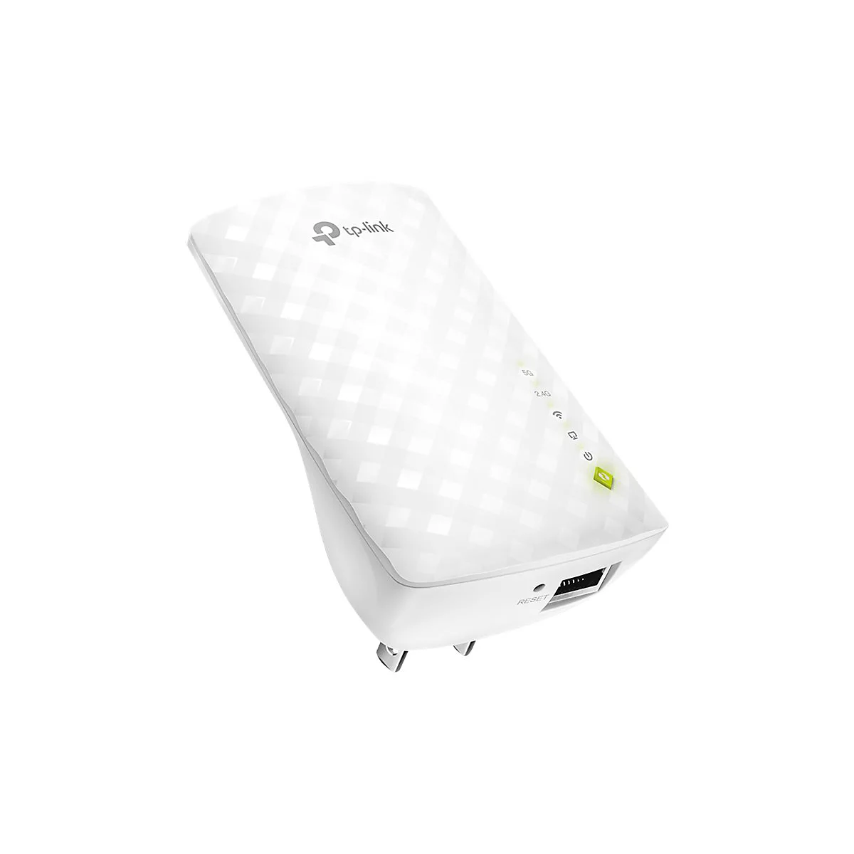 Weißer TP-Link WLAN-Repeater mit Logo und LED-Anzeigen, Stecker für die Steckdose.