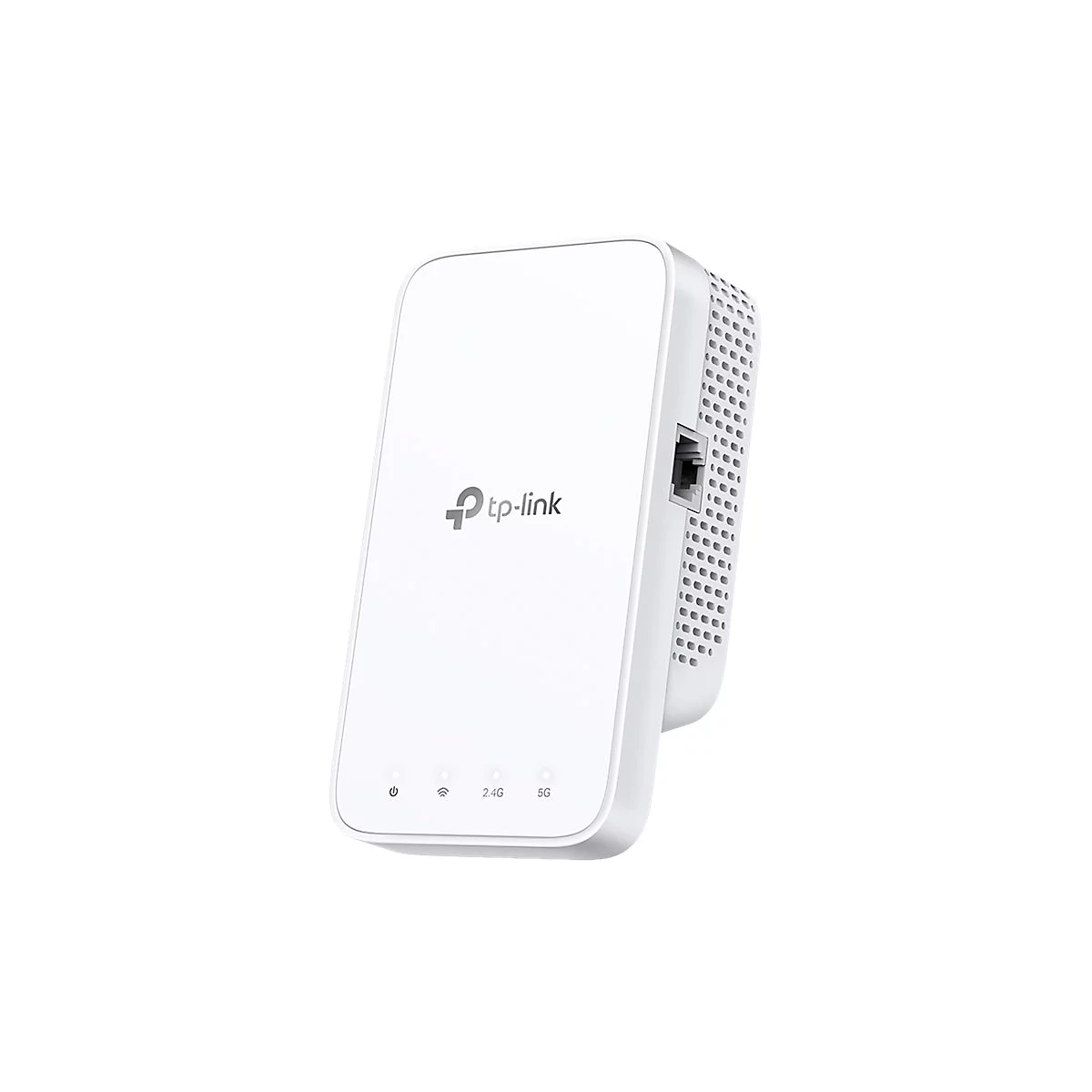 Weißer TP-Link WLAN-Repeater mit drei Kontrollleuchten, Netzwerkschnittstelle und Logo.