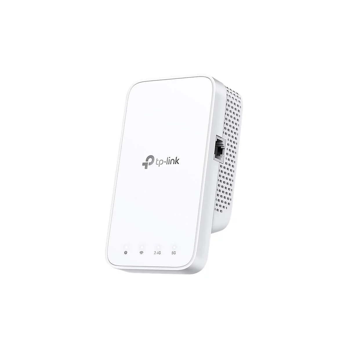 Un répéteur Wi-Fi TP-Link blanc avec logo et indicateurs LED, avec un port Ethernet.