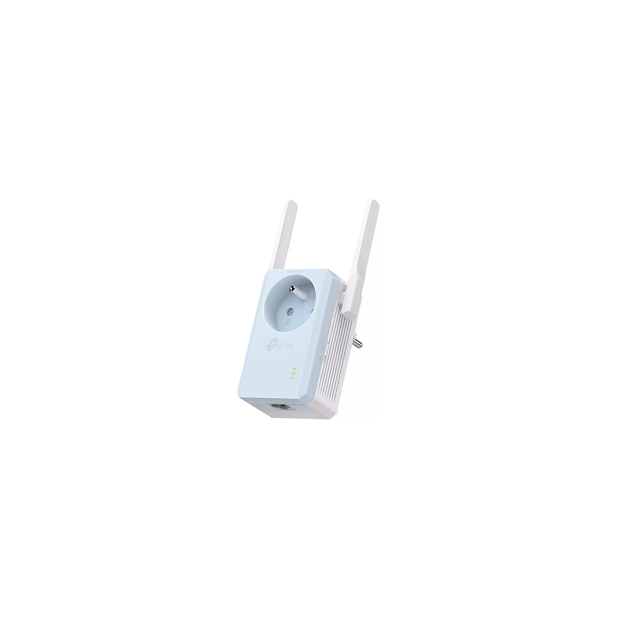 Weißer TP-Link WLAN-Repeater mit zwei Antennen und integrierter Steckdose vor neutralem Hintergrund.