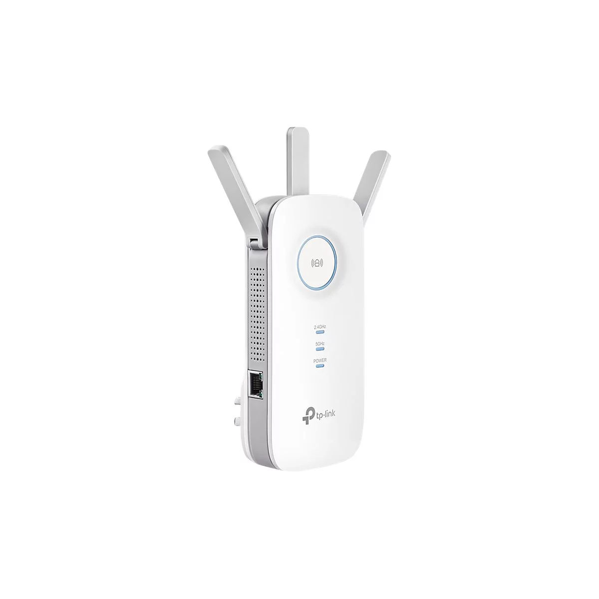 Répéteur WiFi blanc avec trois antennes, lumières bleues, port Ethernet. Marque : tp-link.