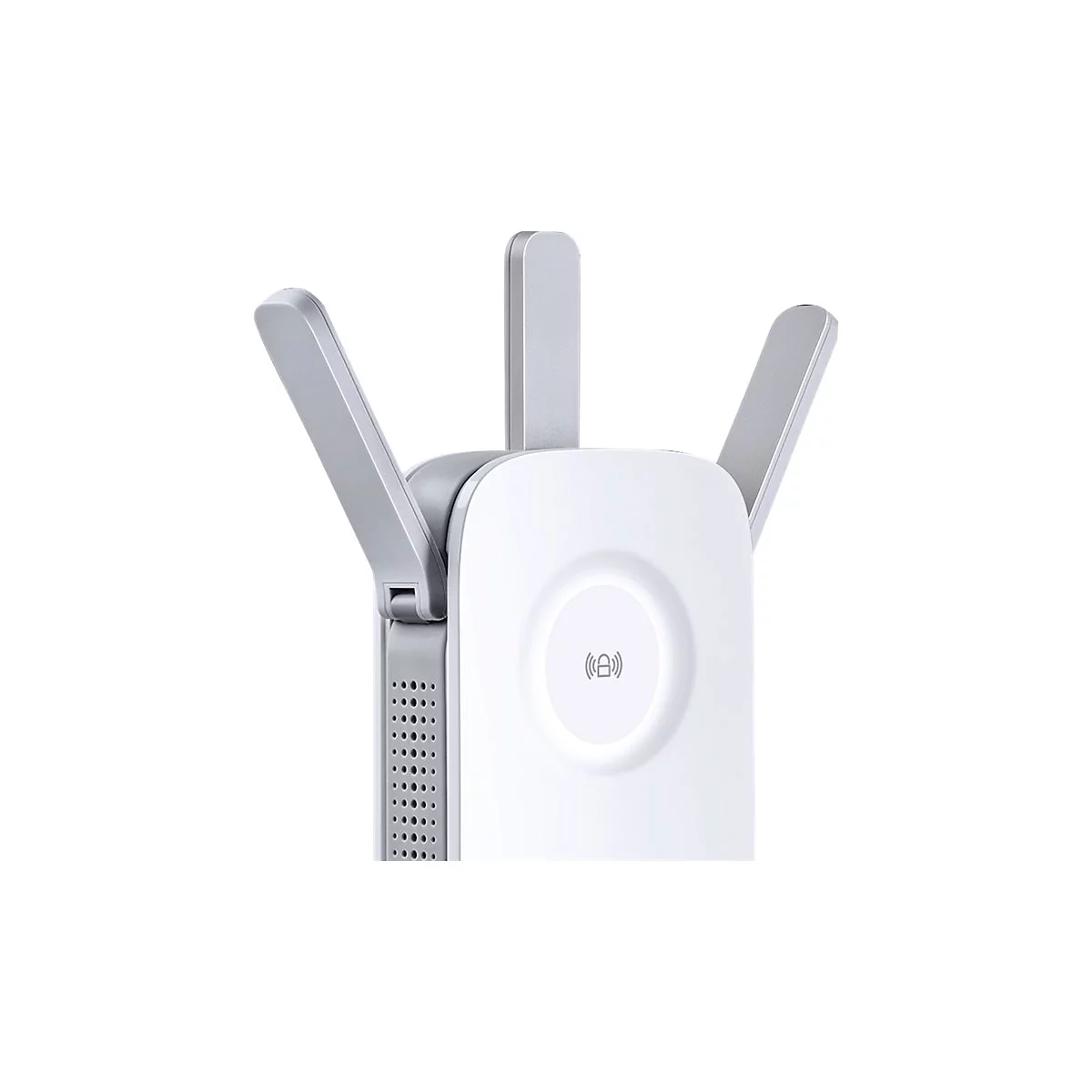 Un répéteur Wi-Fi blanc avec trois antennes s'étendant vers le haut.