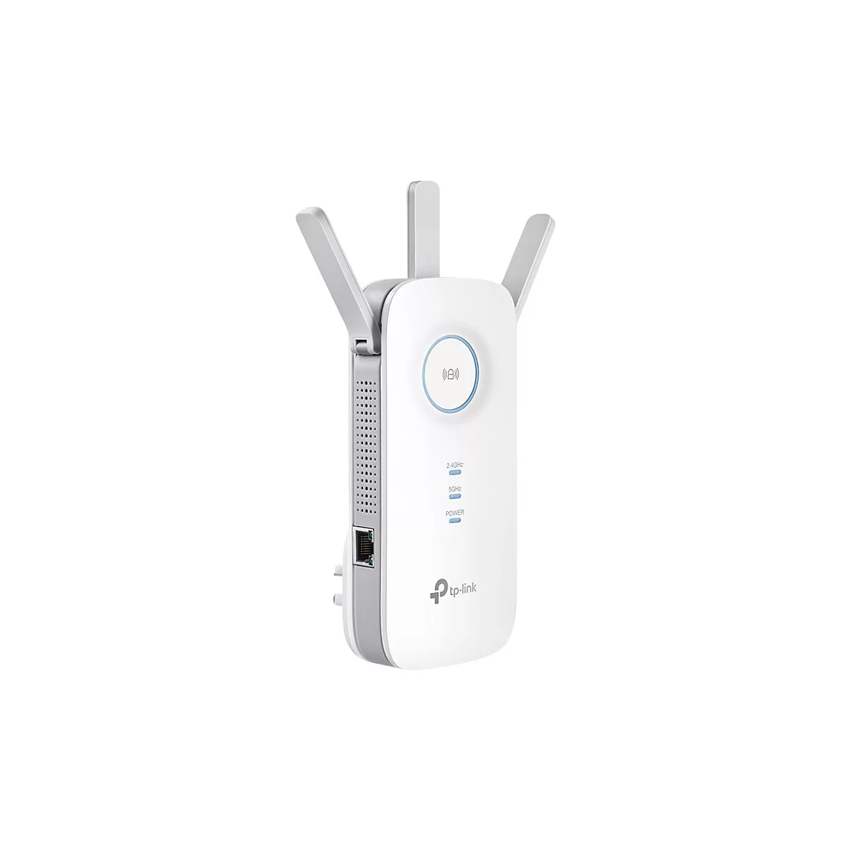 Weißer WLAN-Repeater mit drei Antennen, blauer Kreis, darunter Anzeigen für 2,4 GHz, 5 GHz und Power. Logo tp-link.